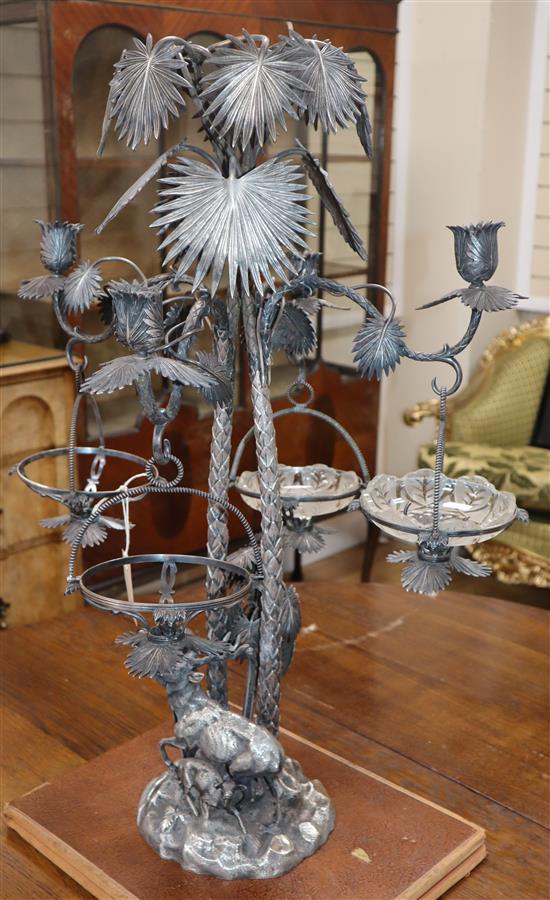 A silver plated palm tree and deer decorative epergne height 73cm